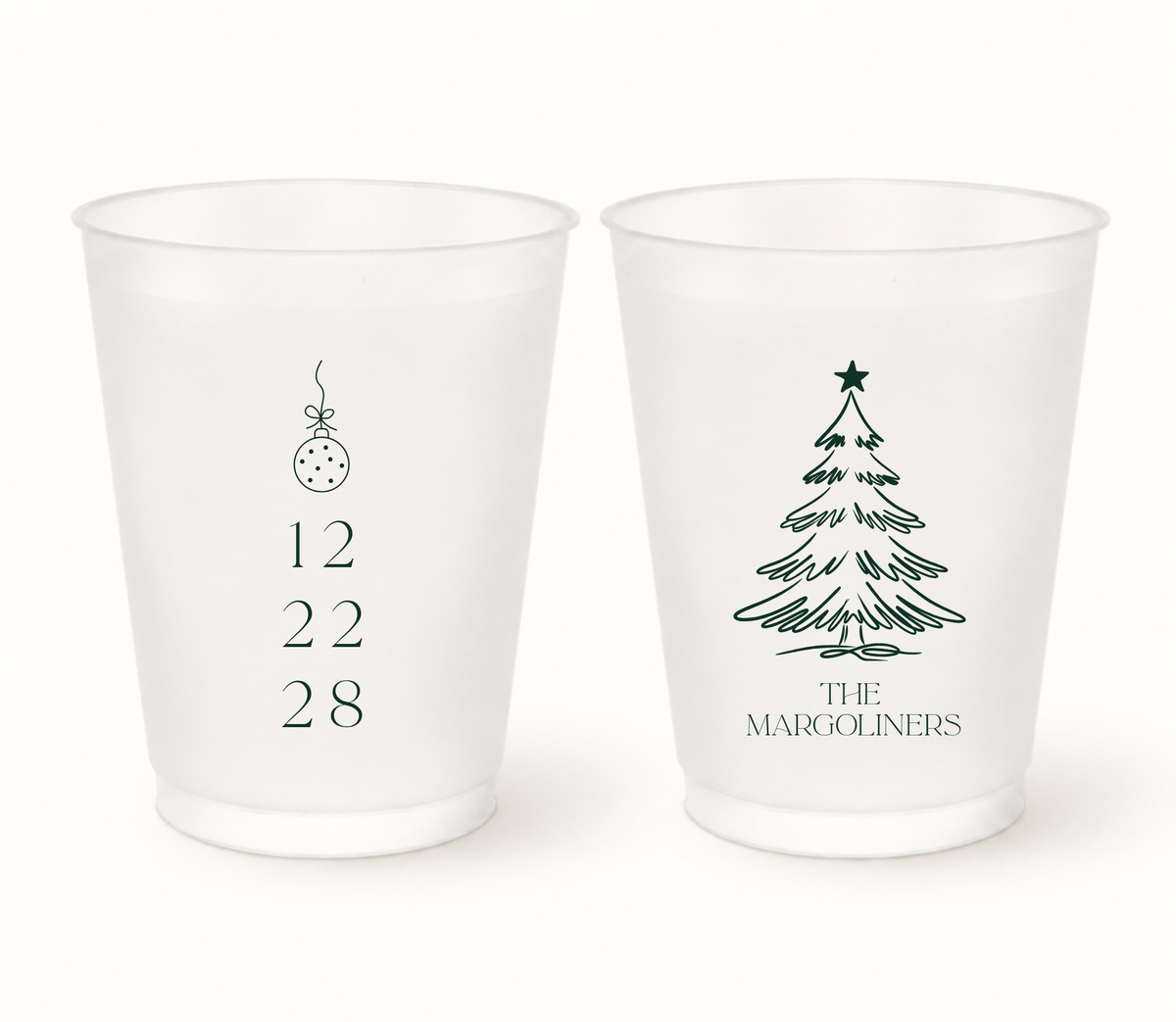 Personalized Christmas wedding frosted cups featuring a Christmas ornament, custom wedding date, Christmas tree, and family name.