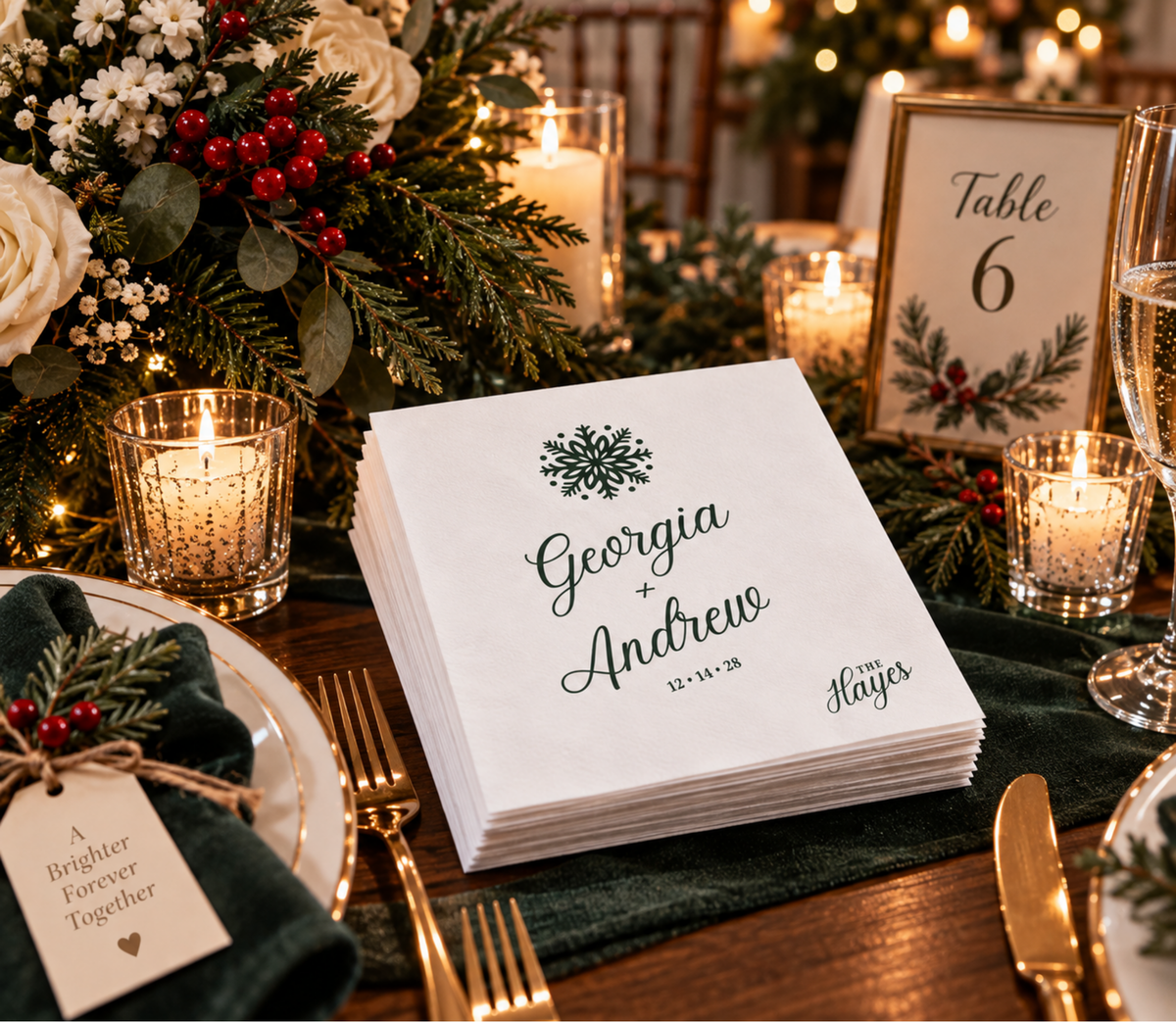 Minimal winter wedding napkins featuring snowflake illustration, custom couple names, and holiday personalization.