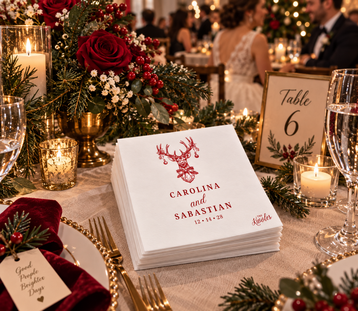 Classic winter wedding napkins featuring Christmas deer illustration, custom names, and wedding date.