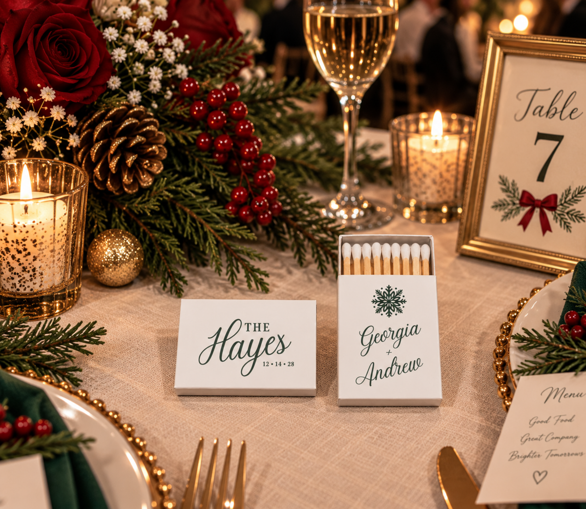 The Hayes Christmas wedding matchboxes featuring snowflake artwork and winter wedding personalization.