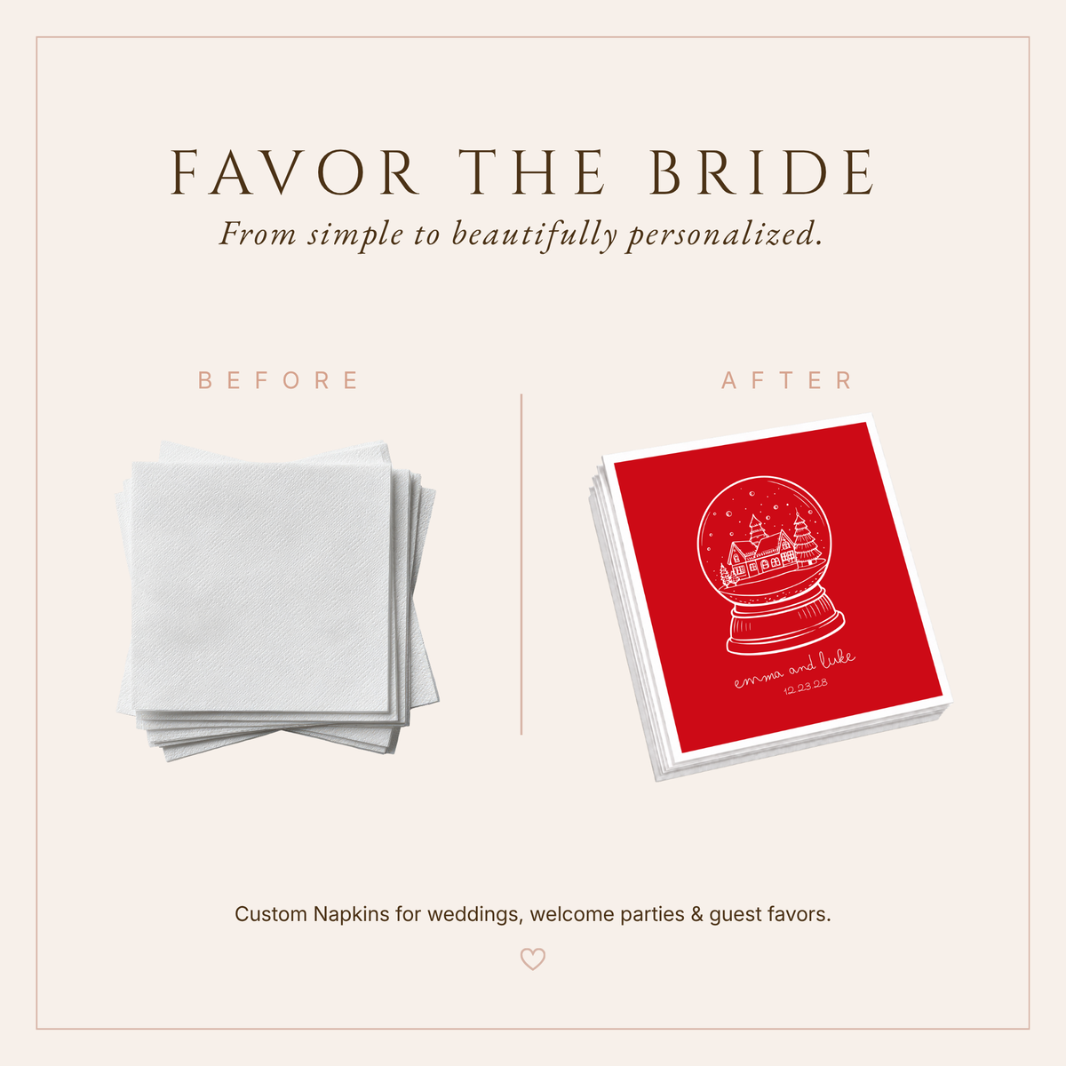 Elegant Christmas snow globe napkins with winter landscape illustration for holiday weddings.