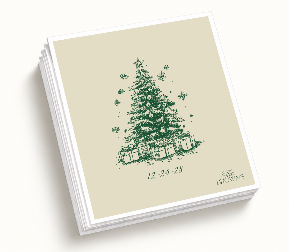 Personalized Christmas wedding napkins featuring a vintage Christmas tree, green holiday artwork, custom family name, and wedding date on an ivory background.