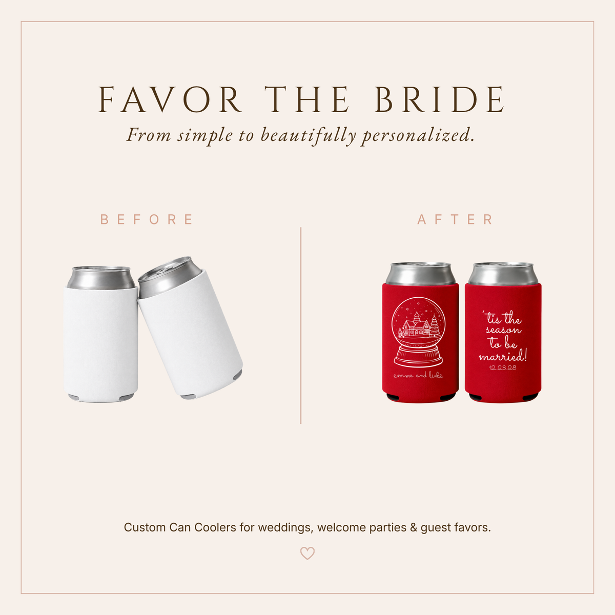 Red and white winter wedding can coolers featuring Christmas snow globe artwork and personalized wedding details.