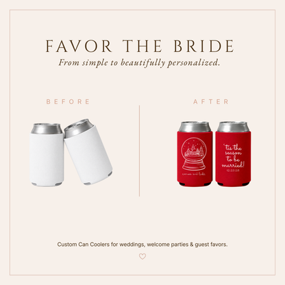 Red and white winter wedding can coolers featuring Christmas snow globe artwork and personalized wedding details.