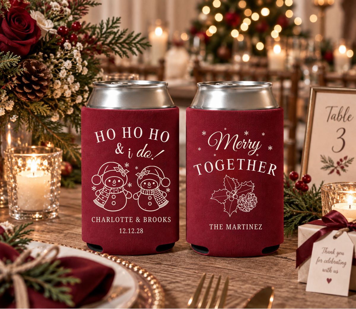 Merry Together Christmas wedding can cooler featuring holly, berries, pinecone artwork, and personalized family name.