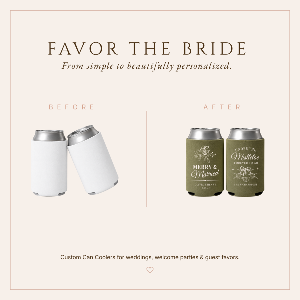 Elegant olive green Christmas wedding favors featuring Merry & Married wording and personalized mistletoe artwork.