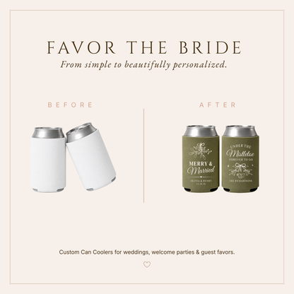 Elegant olive green Christmas wedding favors featuring Merry & Married wording and personalized mistletoe artwork.