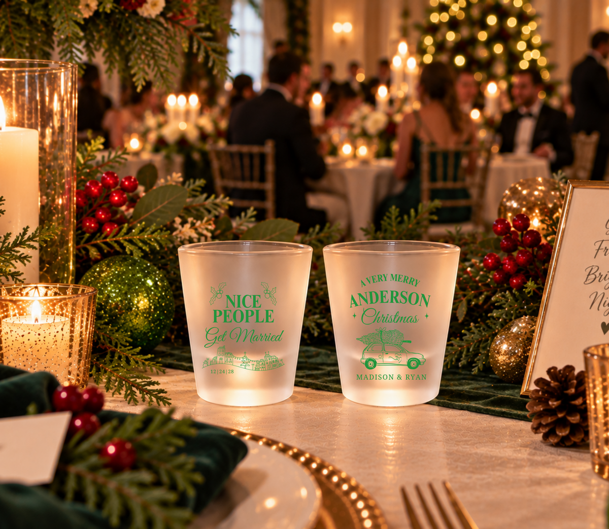 Christmas wedding shot glasses with festive Christmas tree artwork, personalized names, and wedding date.