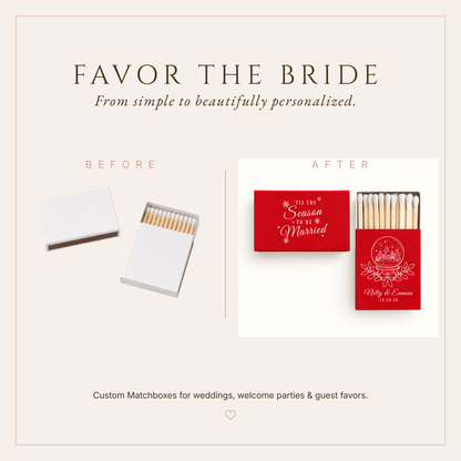Elegant red winter wedding favors featuring snow globe illustration, snowflakes, holly leaves, and wedding date.