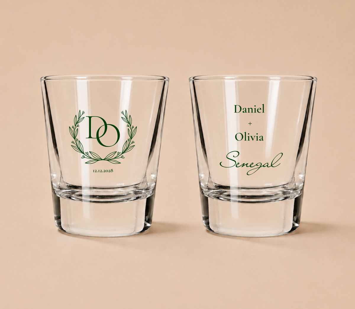 Personalized Classic Laurel Monogram Wedding Shot Glasses