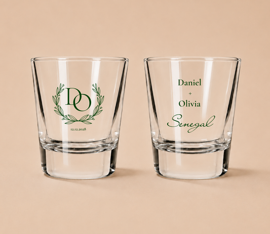 Personalized Classic Laurel Monogram Wedding Shot Glasses