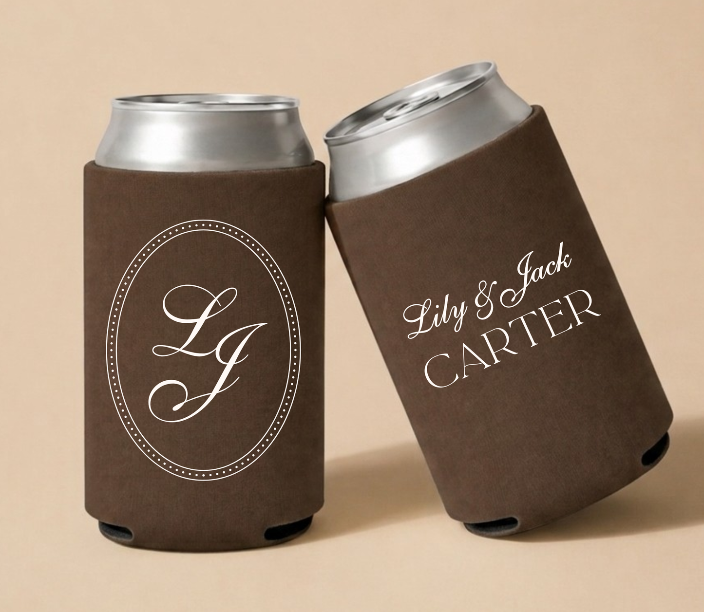 Custom classic monogram wedding can coolers with personalized initials, couple names, and white artwork on brown drink sleeves