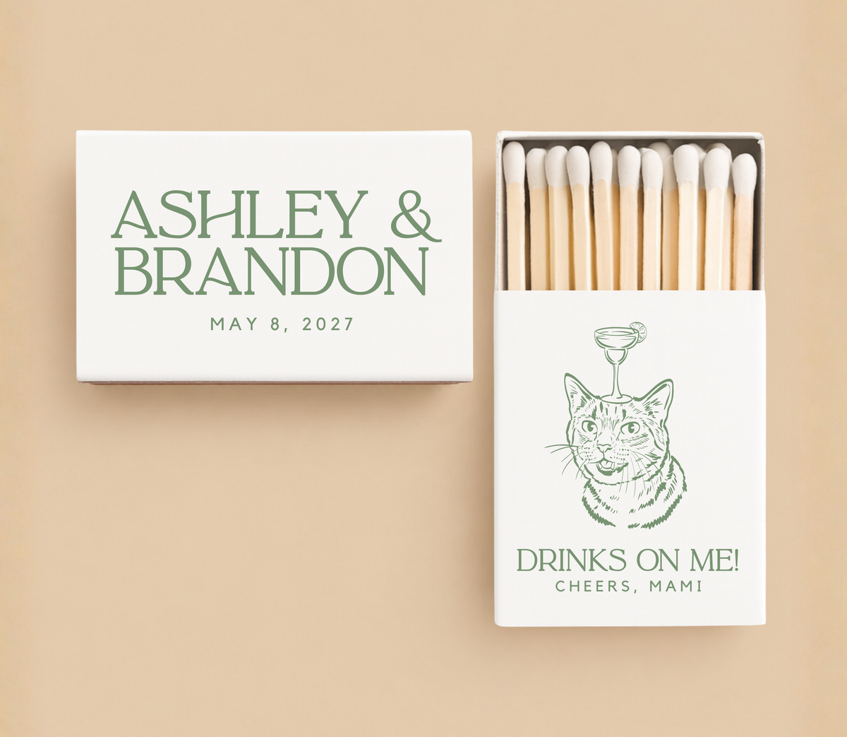 Personalized Cocktail Cat Wedding Matchboxes