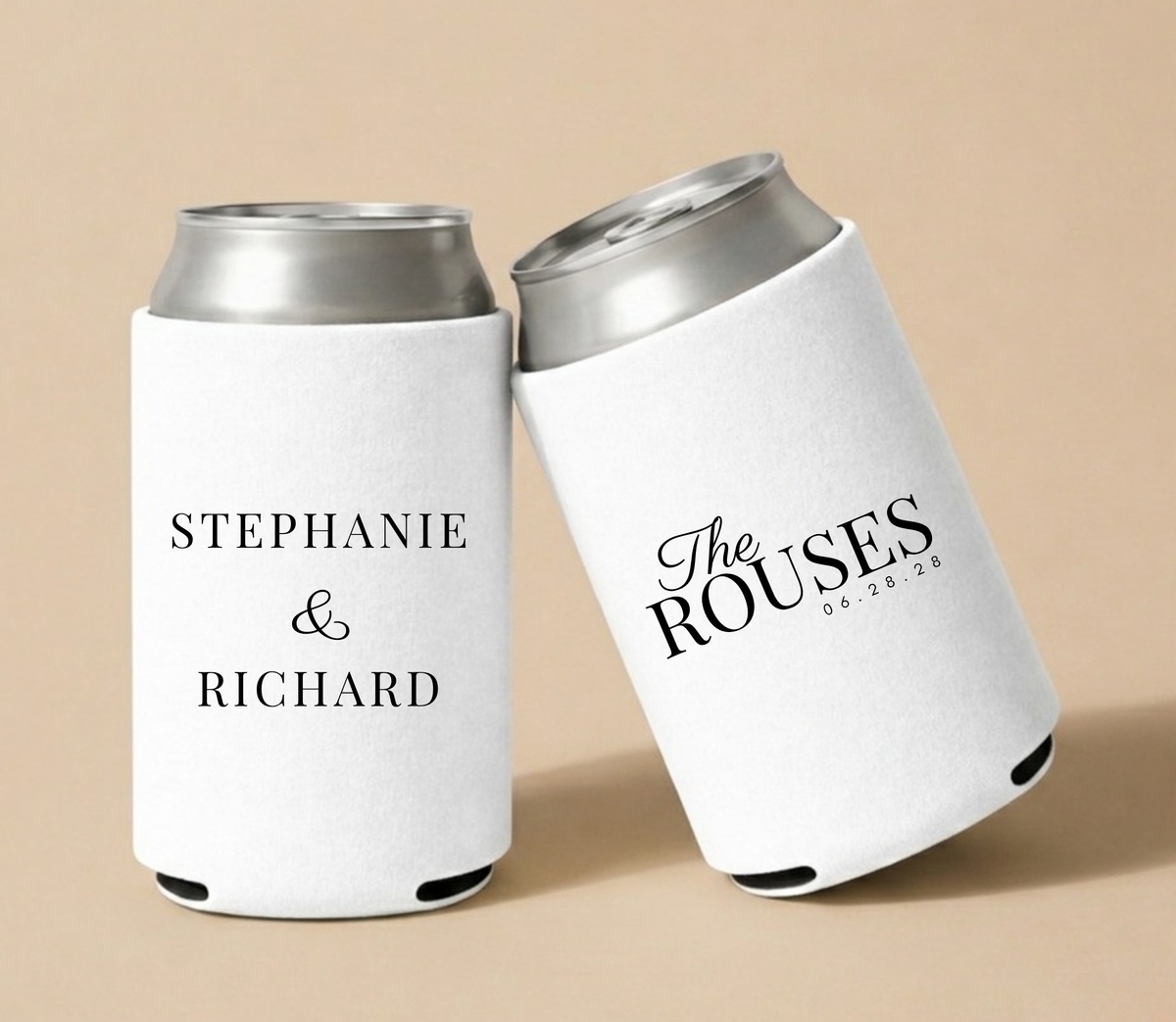Personalized white wedding can coolers featuring custom couple names Stephanie and Richard with The Rouses family name and wedding date in classic black typography.

