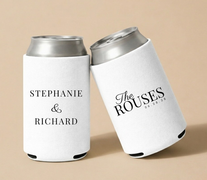 Personalized white wedding can coolers featuring custom couple names Stephanie and Richard with The Rouses family name and wedding date in classic black typography.
