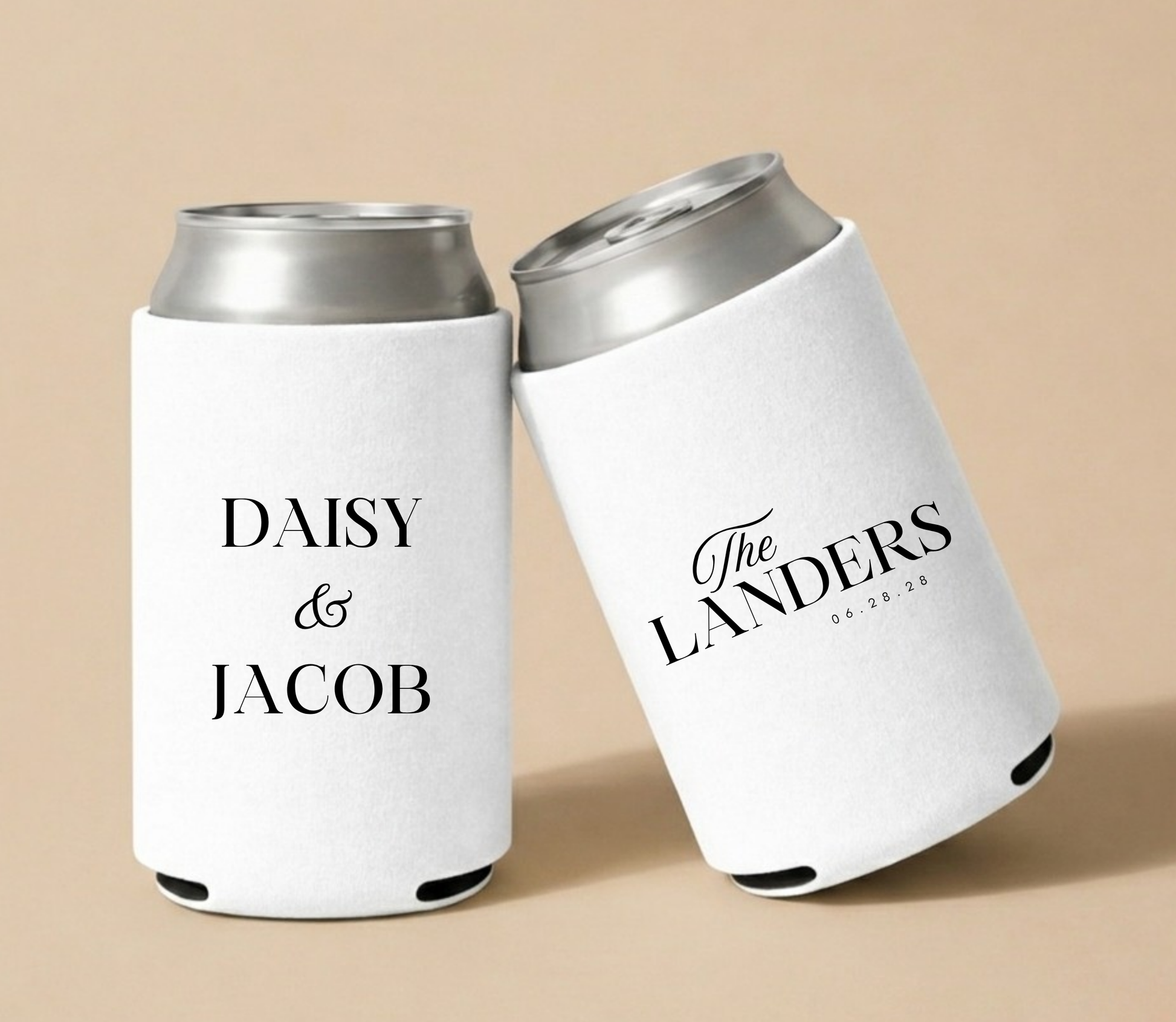 Personalized white wedding can coolers featuring custom couple names, family name, and wedding date in elegant black typography for modern wedding celebrations.

