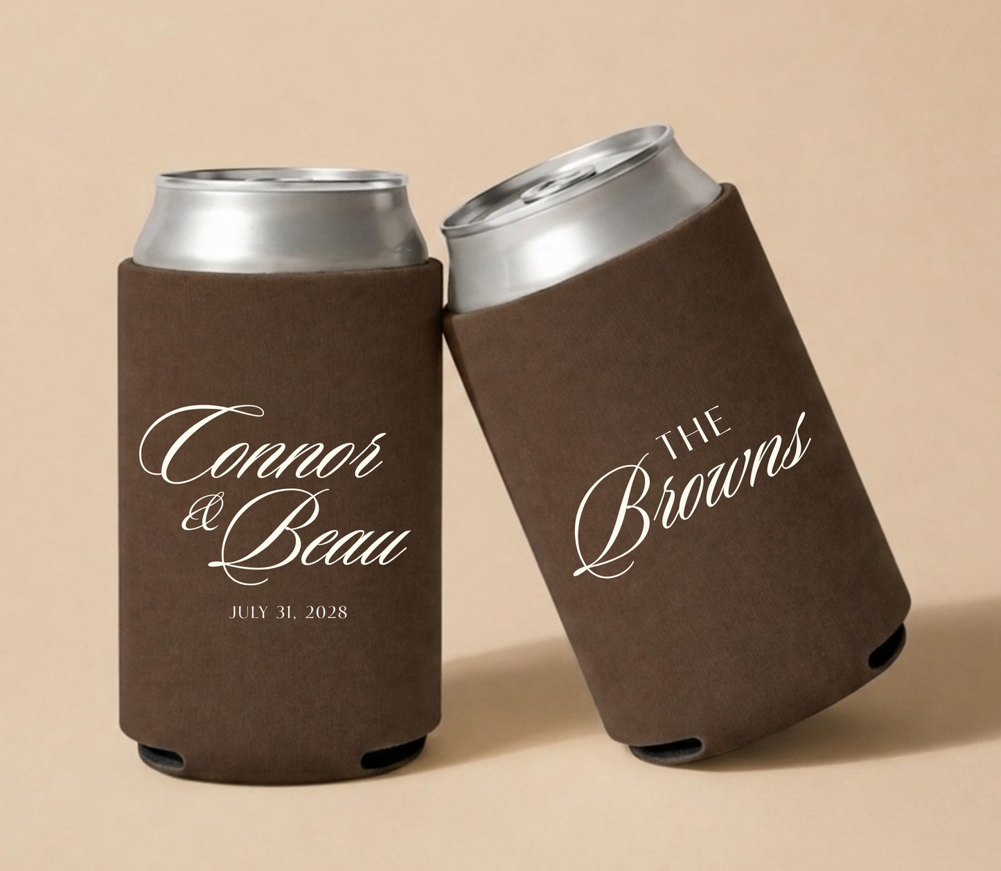 Personalized chocolate brown wedding can coolers featuring Connor and Beau in elegant ivory script with July 31, 2028 wedding date and The Browns family name.

