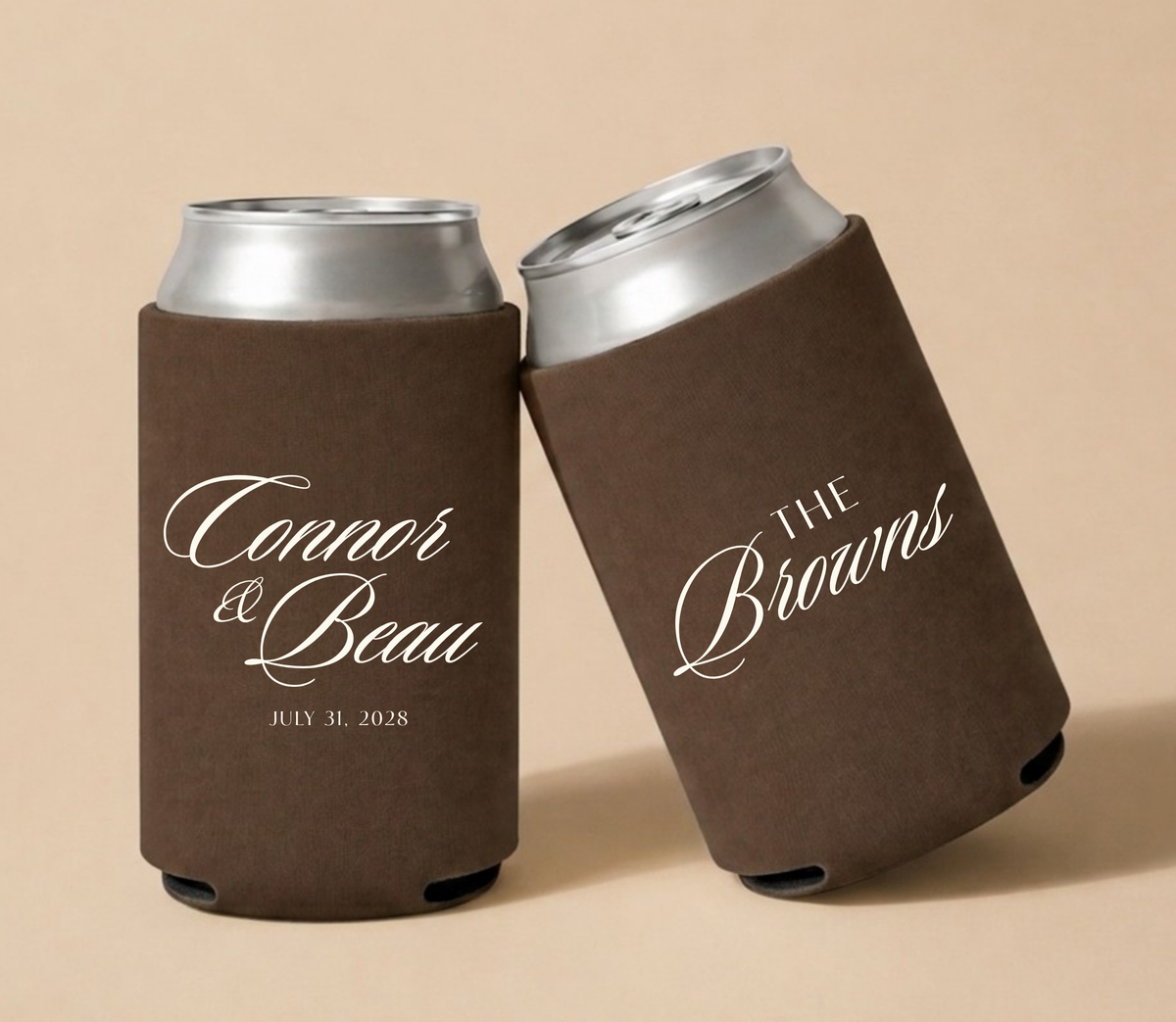 Personalized chocolate brown wedding can coolers featuring Connor and Beau in elegant ivory script with July 31, 2028 wedding date and The Browns family name.

