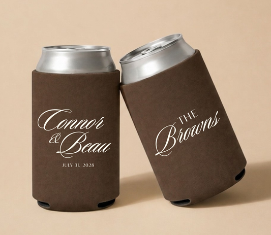 Personalized chocolate brown wedding can coolers featuring Connor and Beau in elegant ivory script with July 31, 2028 wedding date and The Browns family name.

