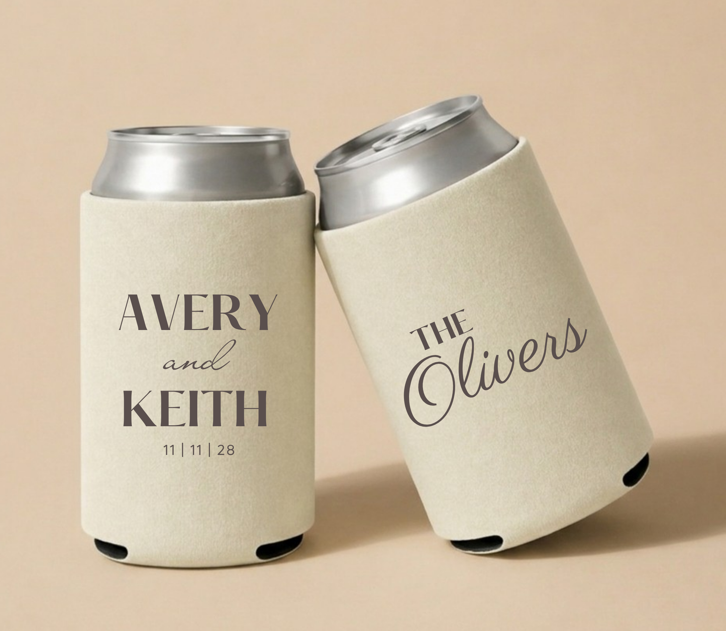 Personalized neutral beige wedding can coolers featuring Avery and Keith names with wedding date and The Olivers family name in elegant taupe gray typography.
