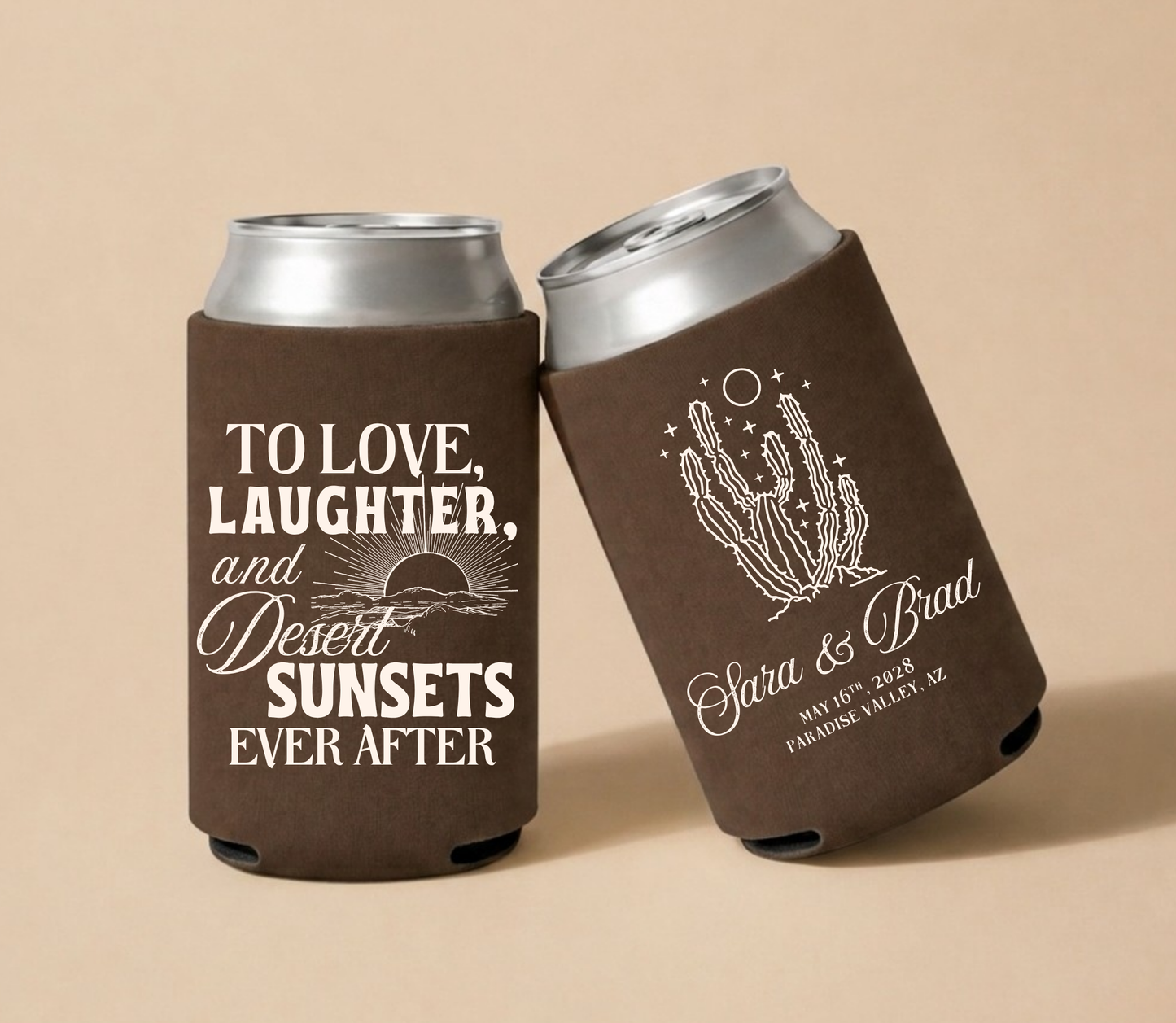 Personalized desert wedding can coolers with white cactus artwork, sunset design, custom names, wedding date, and location on dark brown drink sleeves