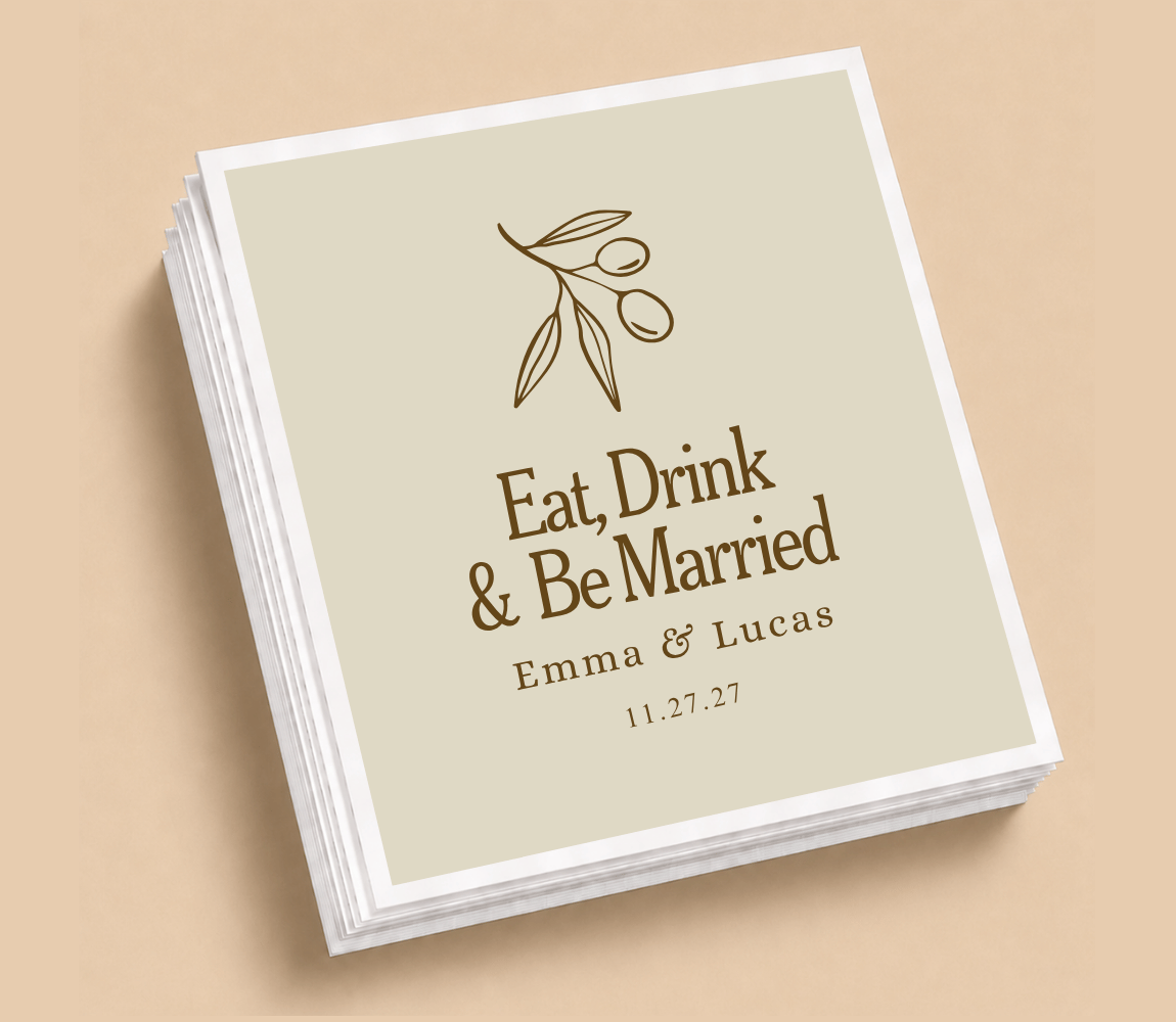 Personalized Eat Drink & Be Married wedding table napkins with botanical branch design, custom couple names, wedding date, and beige background.