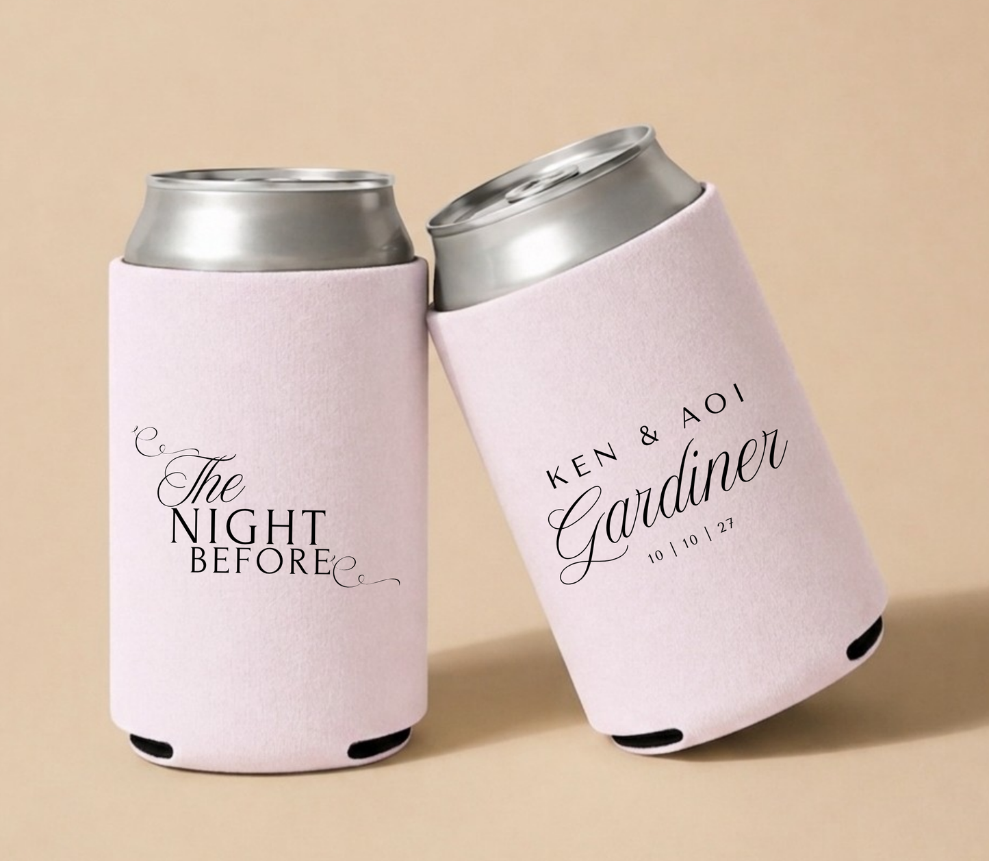 Blush pink personalized foam wedding can coolers featuring elegant "The Night Before" script design, custom names Ken and Aoi Gardiner, and wedding date October 10, 2027.

