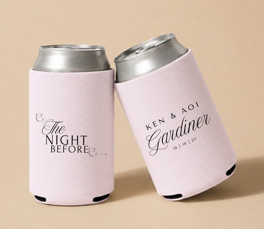Blush pink personalized foam wedding can coolers featuring elegant "The Night Before" script design, custom names Ken and Aoi Gardiner, and wedding date October 10, 2027.

