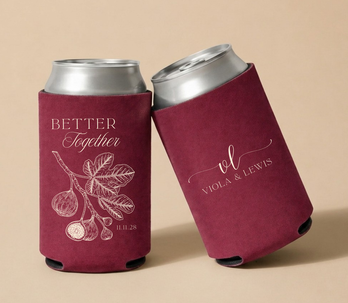 Burgundy personalized wedding can coolers featuring a vintage fig branch illustration, custom couple names Viola and Lewis, and wedding date in elegant botanical styling.

