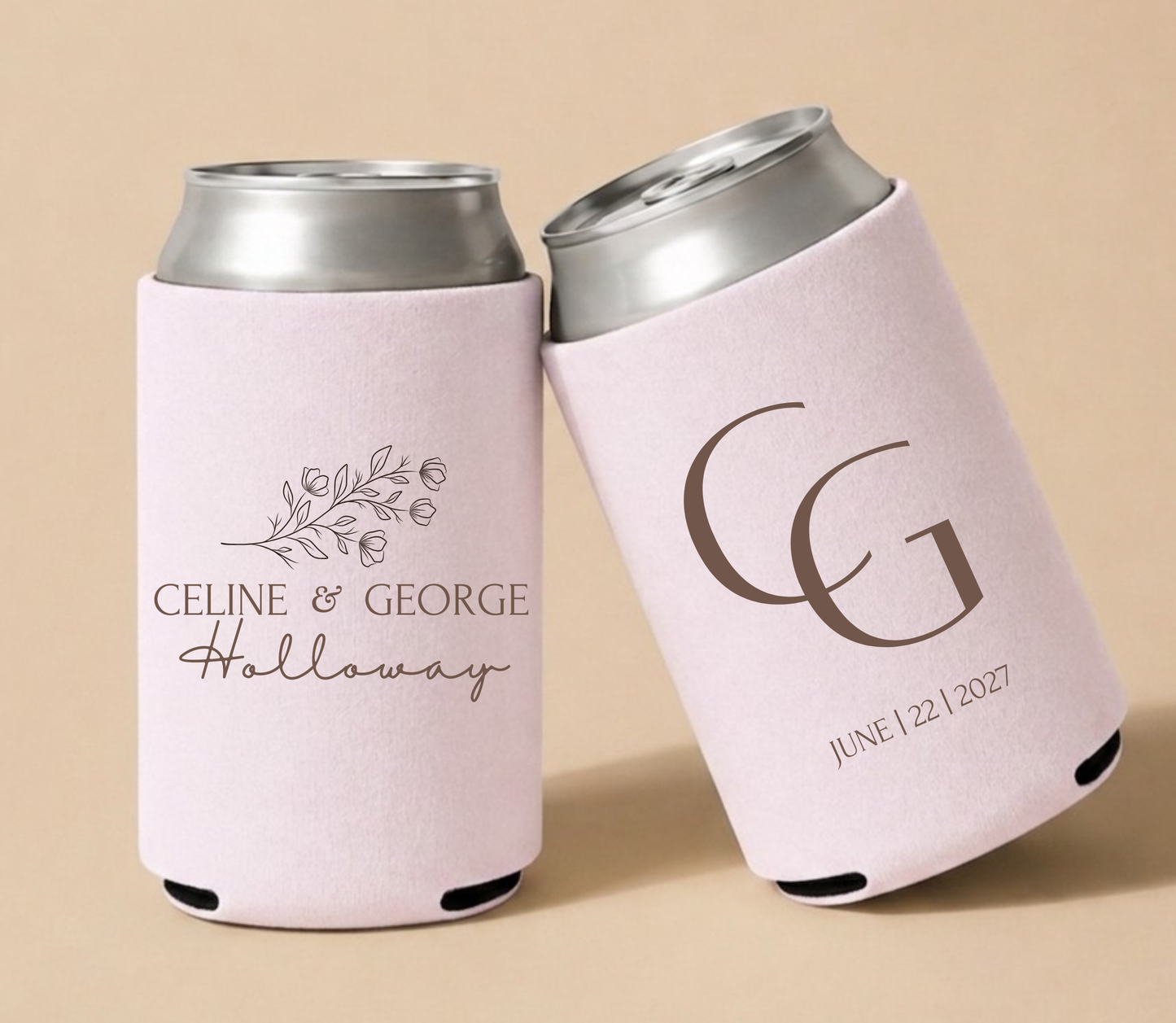 Personalized floral monogram wedding can coolers with brown botanical design on blush pink drink sleeves for elegant wedding favors