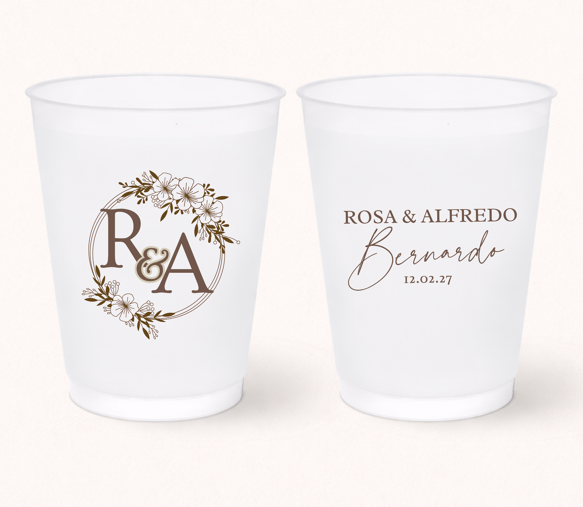 Floral monogram wedding frosted cups
Elegant personalized wedding cups with floral wreath
Custom frosted cups with initials and names
Romantic wedding drinkware with floral design
Personalized bridal shower cups
Elegant custom wedding favor cups