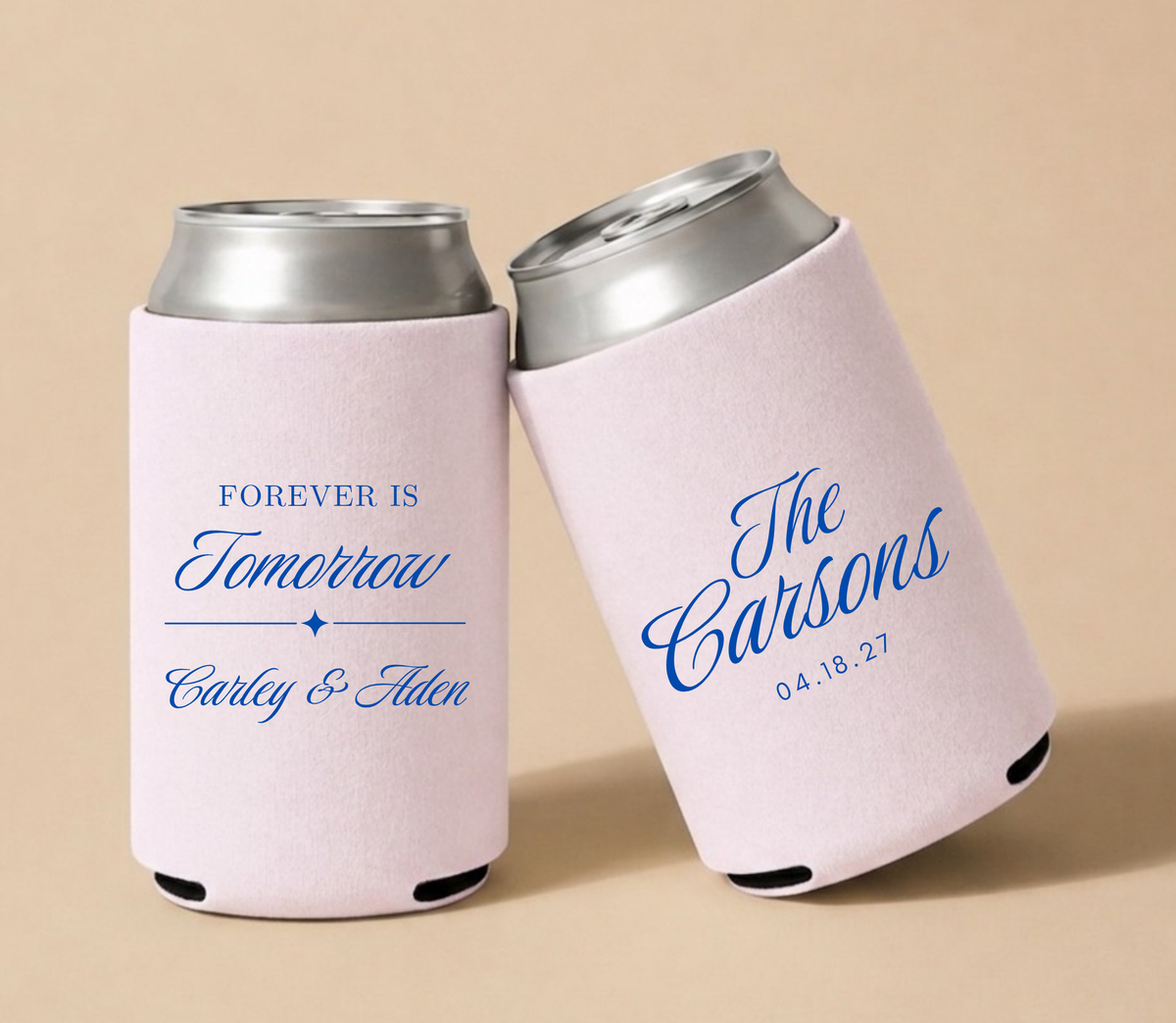 Light blush personalized foam wedding can coolers featuring Forever Is Tomorrow design with custom couple names, Carson family name, and wedding date.
