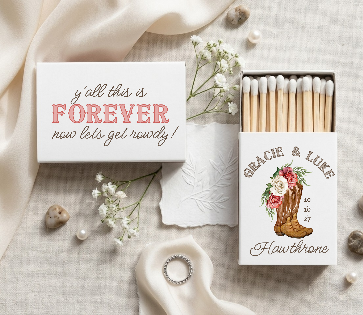 Rustic floral cowboy boot wedding matchboxes
Western wedding favor matches
Country wedding matchbox design
Personalized cowboy wedding matches