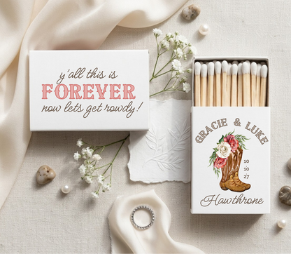 Rustic floral cowboy boot wedding matchboxes
Western wedding favor matches
Country wedding matchbox design
Personalized cowboy wedding matches
