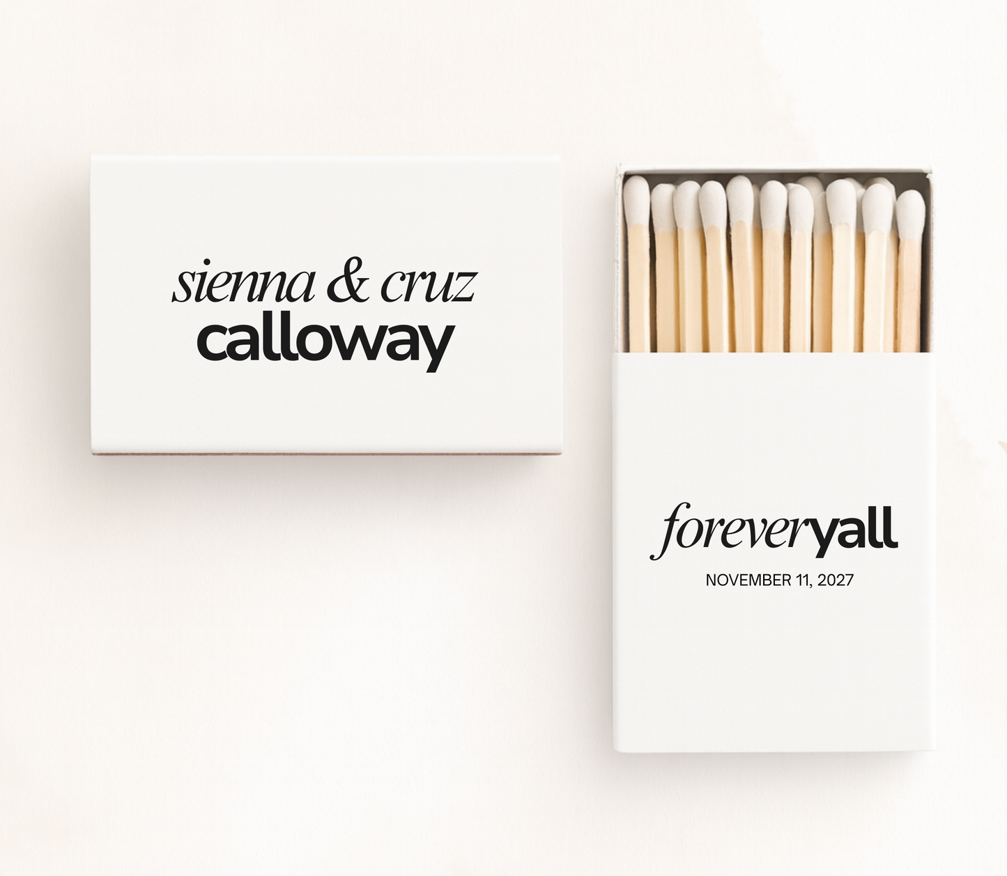 Custom wedding matchboxes with Forever You wording, personalized names, wedding date, and black minimalist design