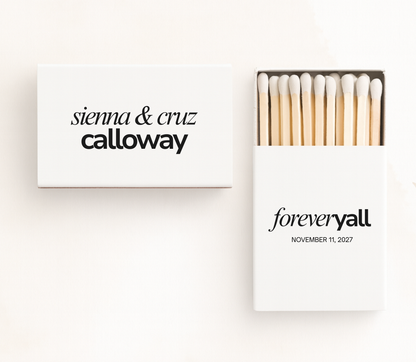 Custom wedding matchboxes with Forever You wording, personalized names, wedding date, and black minimalist design