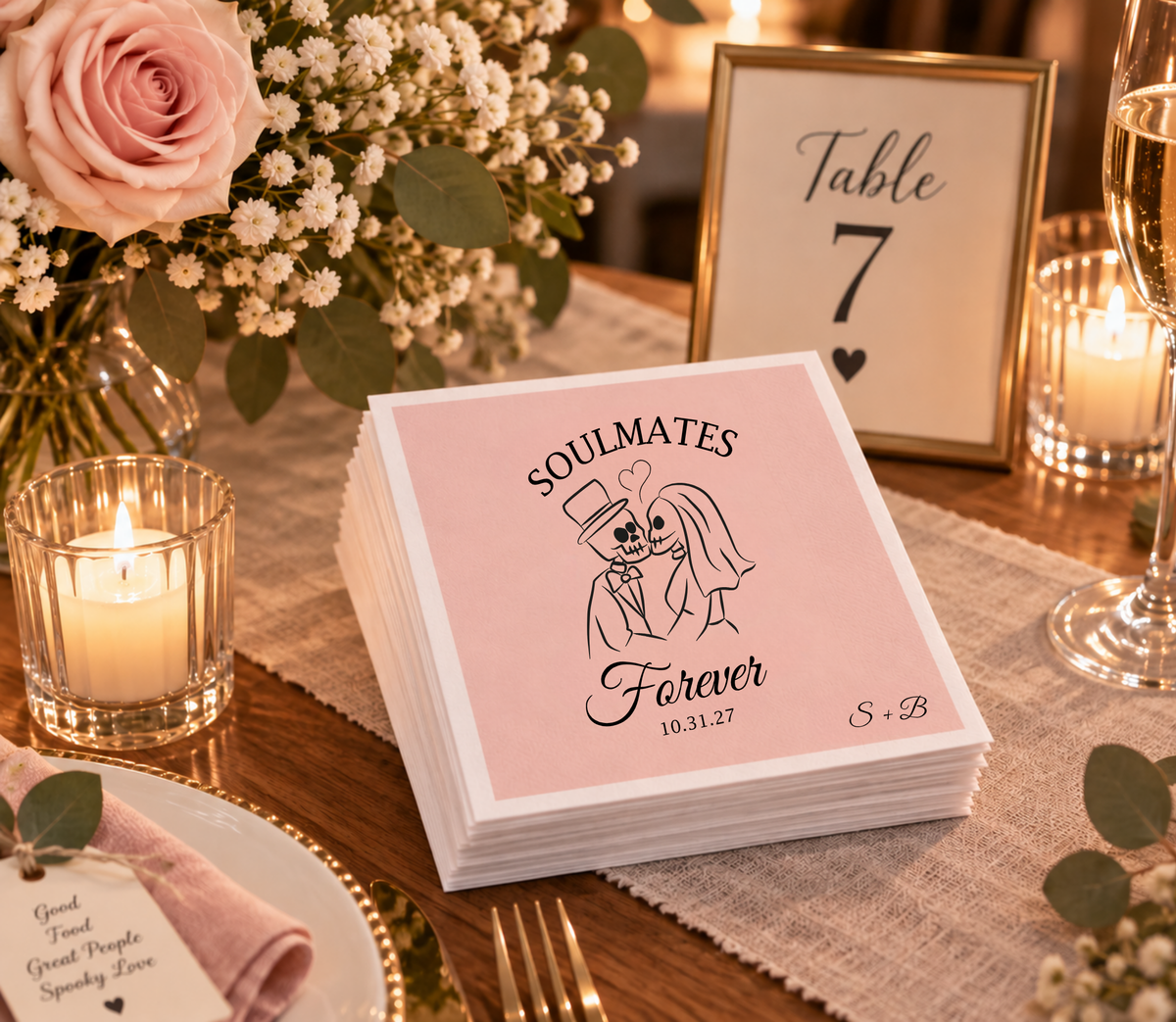 Blush pink skeleton bride and groom wedding napkins with custom date.