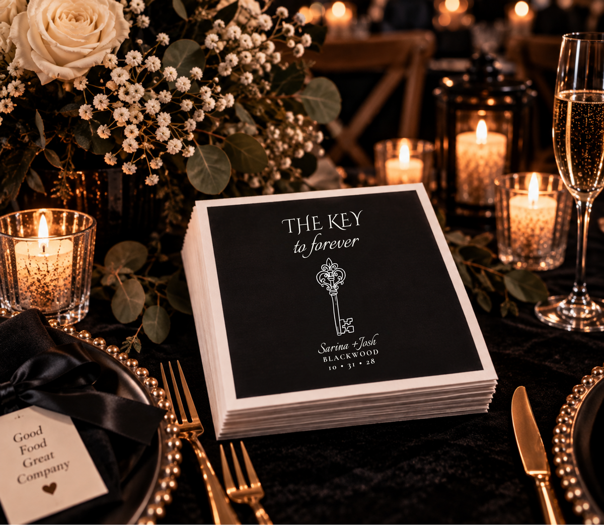 legant black and white gothic wedding napkin featuring an antique key and personalized wedding details.