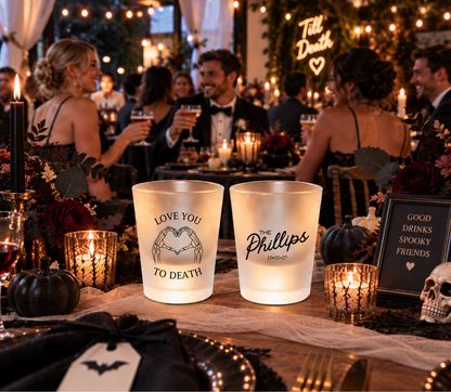 Black and clear skeleton wedding shot glasses featuring Love You to Death wording and heart-shaped skeleton hands.