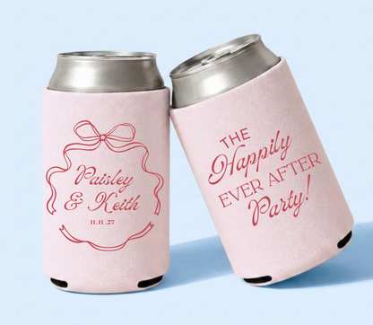 Personalized happily ever after wedding can coolers with red bow design on blush pink drink sleeves for romantic wedding favors