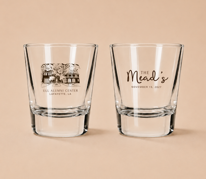 Personalized Historic Venue Wedding Shot Glasses