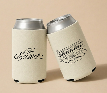 Cream personalized wedding can coolers featuring an Iriswoods venue illustration with custom family name and wedding date for a Tennessee wedding.
