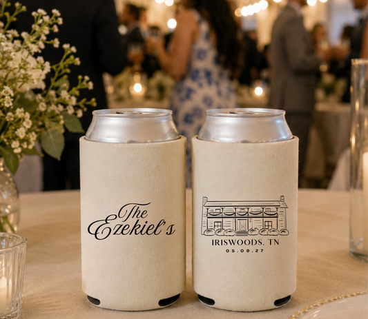Personalized Iriswoods wedding can cooler with venue illustration.