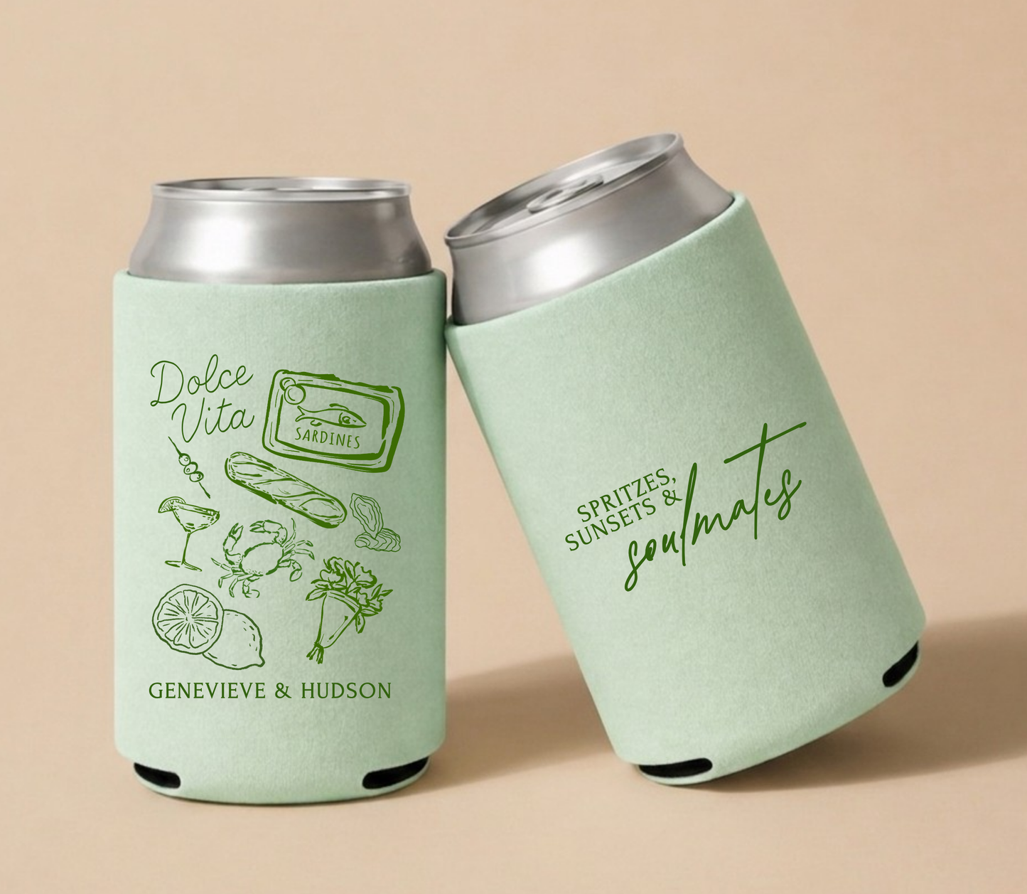 Sage personalized Italian coastal wedding can cooler featuring Dolce Vita artwork with Mediterranean food illustrations, custom names Genevieve and Hudson, and Spritzes Sunsets and Soulmates wedding design.
