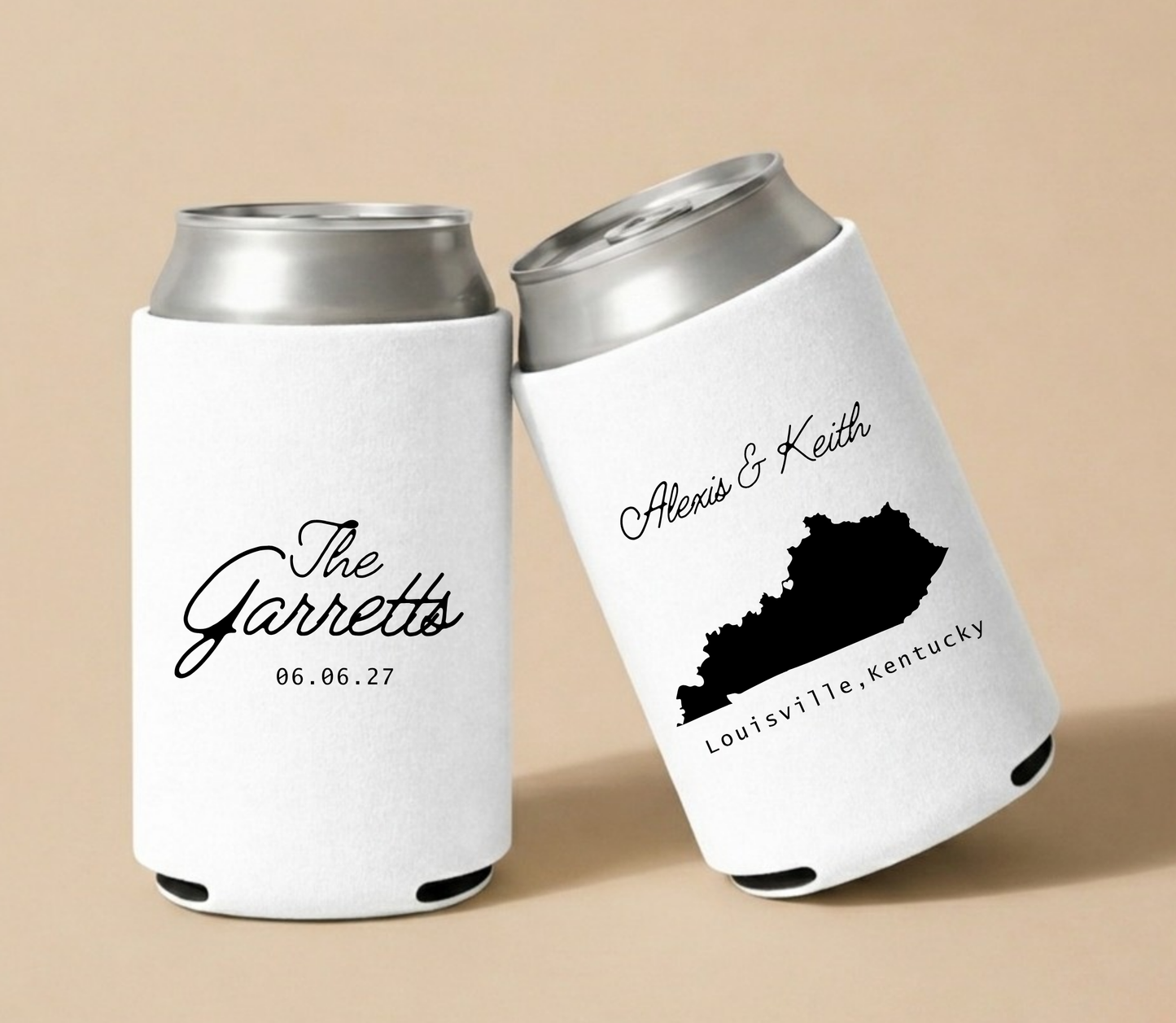 White personalized wedding can coolers featuring a Kentucky state silhouette, couple's names, Louisville wedding location, and custom wedding date.