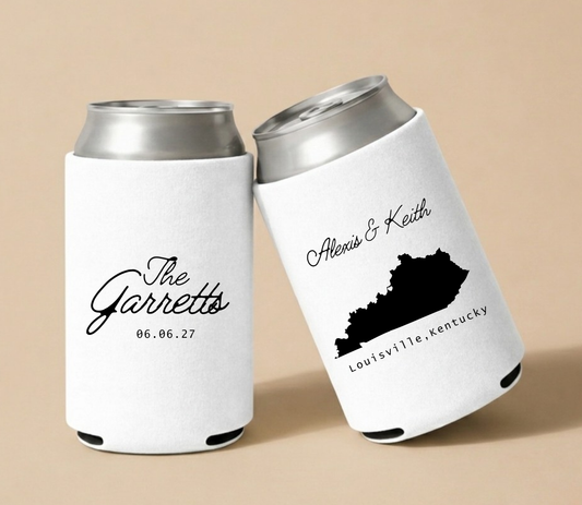 White personalized wedding can coolers featuring a Kentucky state silhouette, couple's names, Louisville wedding location, and custom wedding date.