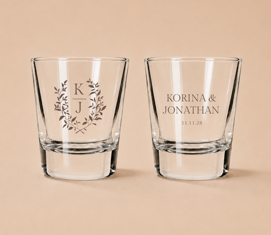 Personalized Korina Laurel Monogram Wedding Shot Glasses