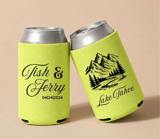 Lime green personalized wedding can coolers featuring custom couple names, wedding date, and Lake Tahoe mountain landscape artwork.
