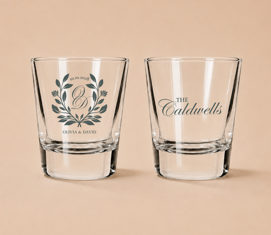 Personalized Laurel Crest Wedding Shot Glasses