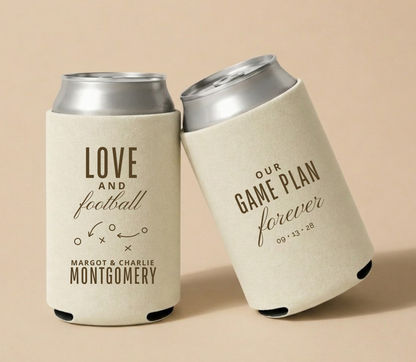 Personalized Love And Football Wedding Can Coolers featuring football play artwork, custom couple names, and wedding date.